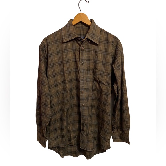 Burberry London‎ Mens Brown Black Tan Plaid Long Sleeve Shirt Size Large - Picture 1 of 3